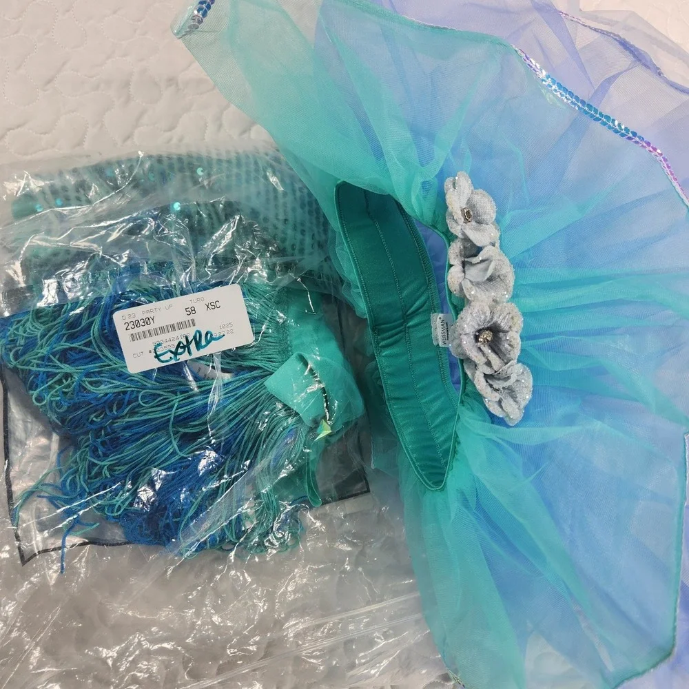 XSC Girls Weissman Dance Costume SET Teal Blue Fringe Tutu Leotard NEW $90
